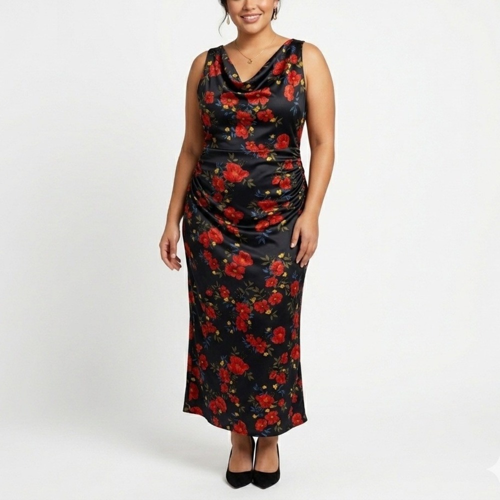 PARK & FIFTH Cowl Neck Floral Maxi Dress Black Women Size XXL Cross‎ Back Formal